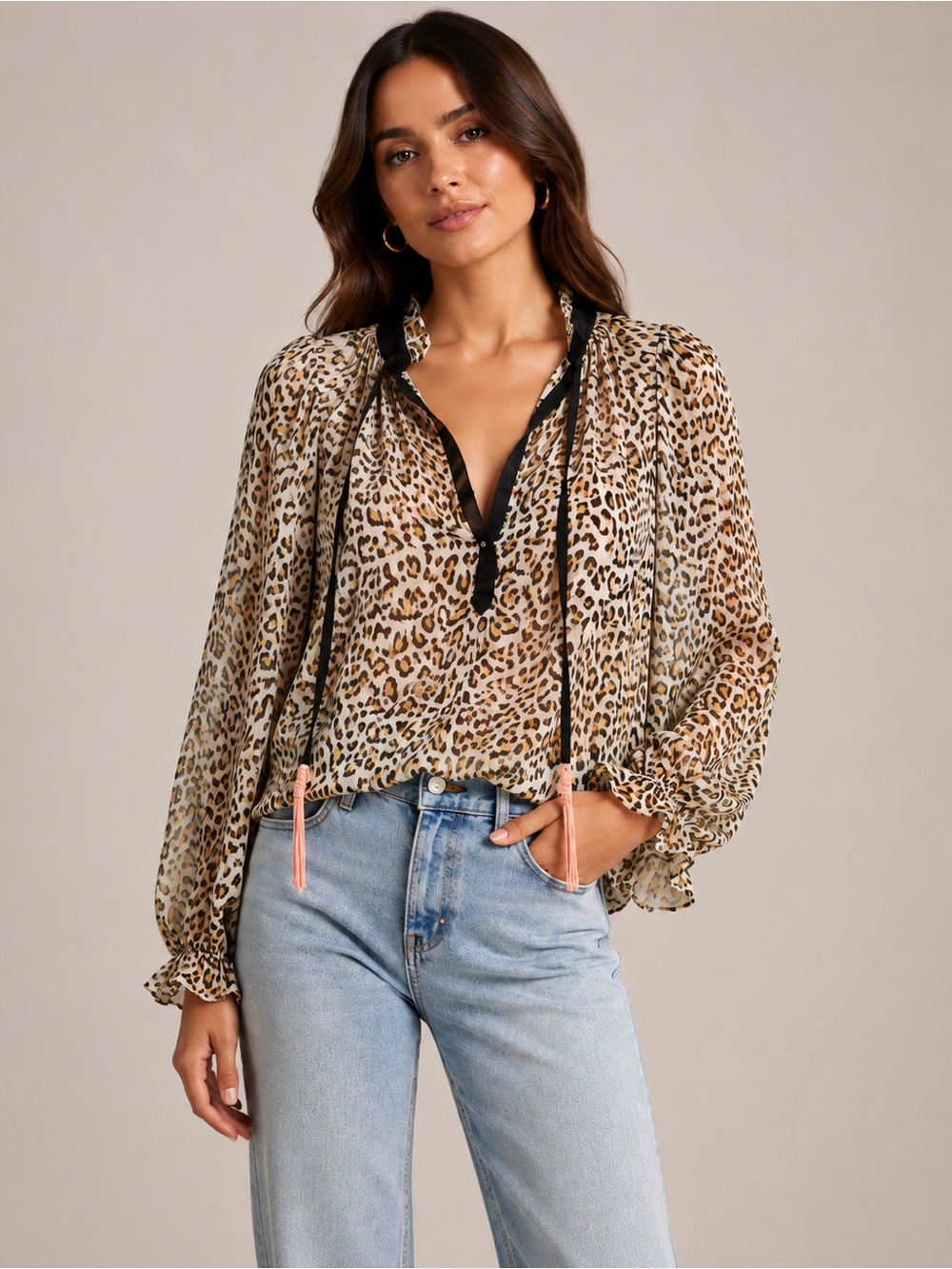 Sheer Leopard-Print Tie-Neck Blouse in Tan and Black